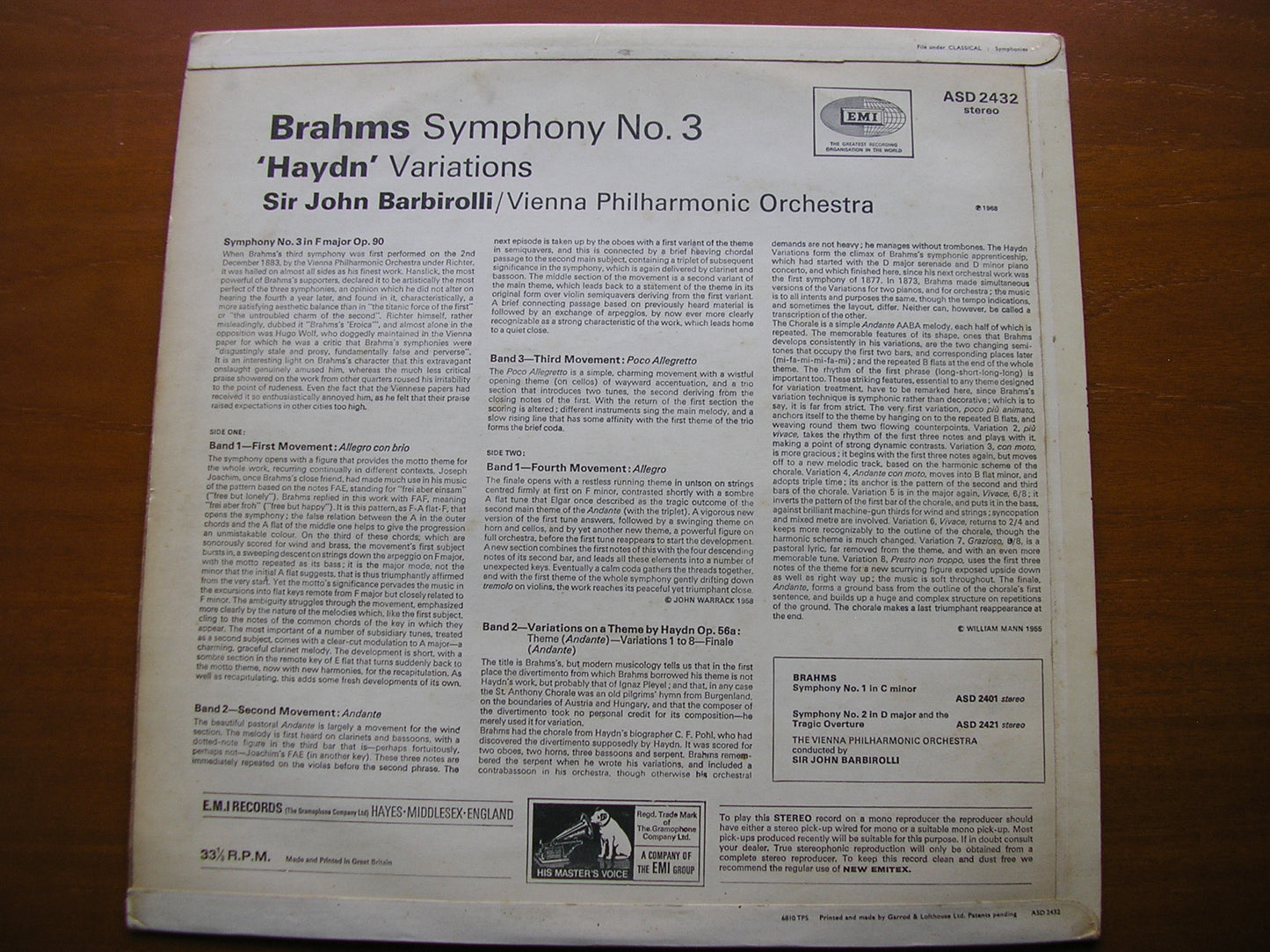 BRAHMS: SYMPHONY No. 3 / HAYDN VARIATIONS BARBIROLLI / VIENNA PHILHARMONIC ASD 2432