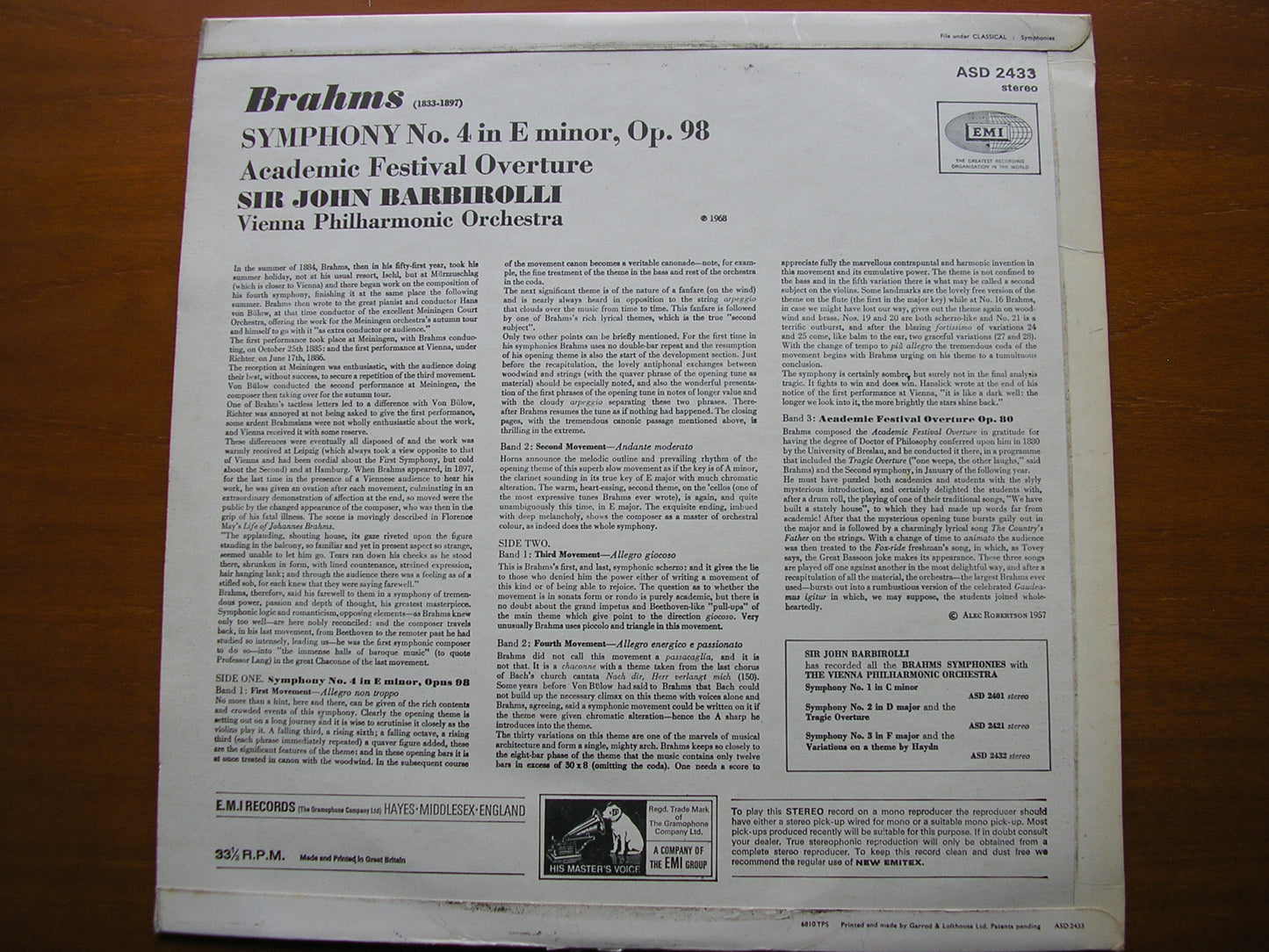 BRAHMS: SYMPHONY No. 4 / ACADEMIC FESTIVAL OVERTURE BARBIROLLI / VIENNA PHILHARMONIC ASD 2433