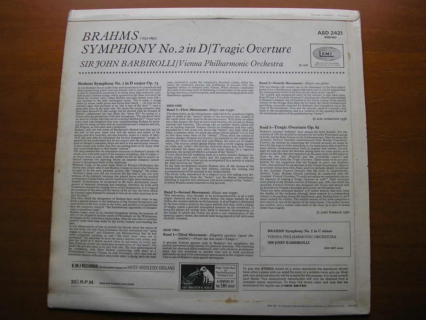 BRAHMS: SYMPHONY No. 2 / TRAGIC OVERTURE KLEMPERER / PHILHARMONIA ASD 2421