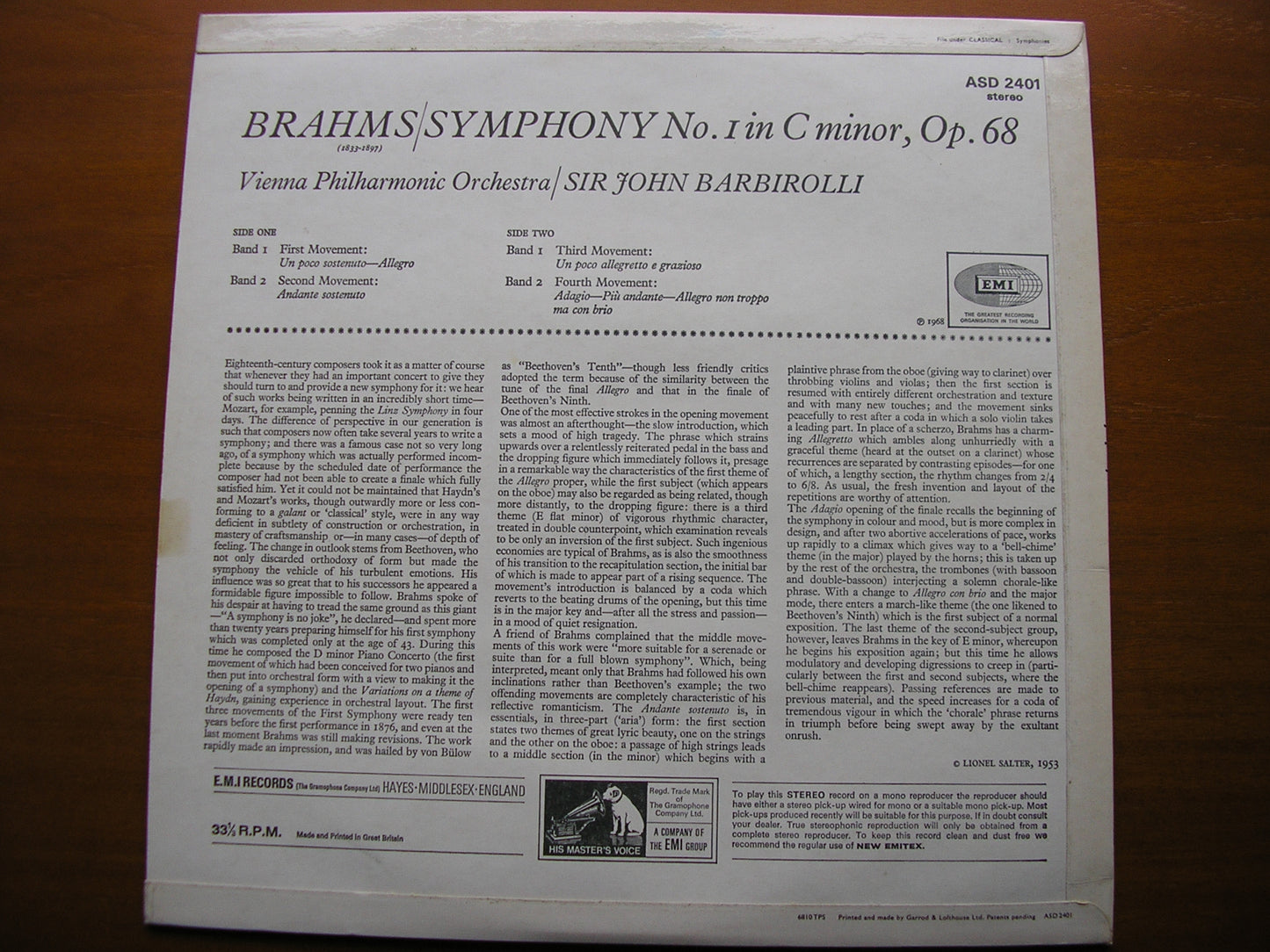 BRAHMS: SYMPHONY No. 1 BARBIROLLI / VIENNA PHILHARMONIC ASD 2401