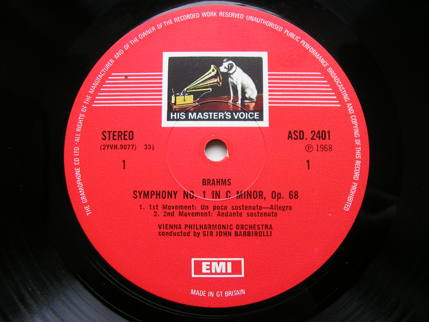 BRAHMS: SYMPHONY No. 1 BARBIROLLI / VIENNA PHILHARMONIC ASD 2401
