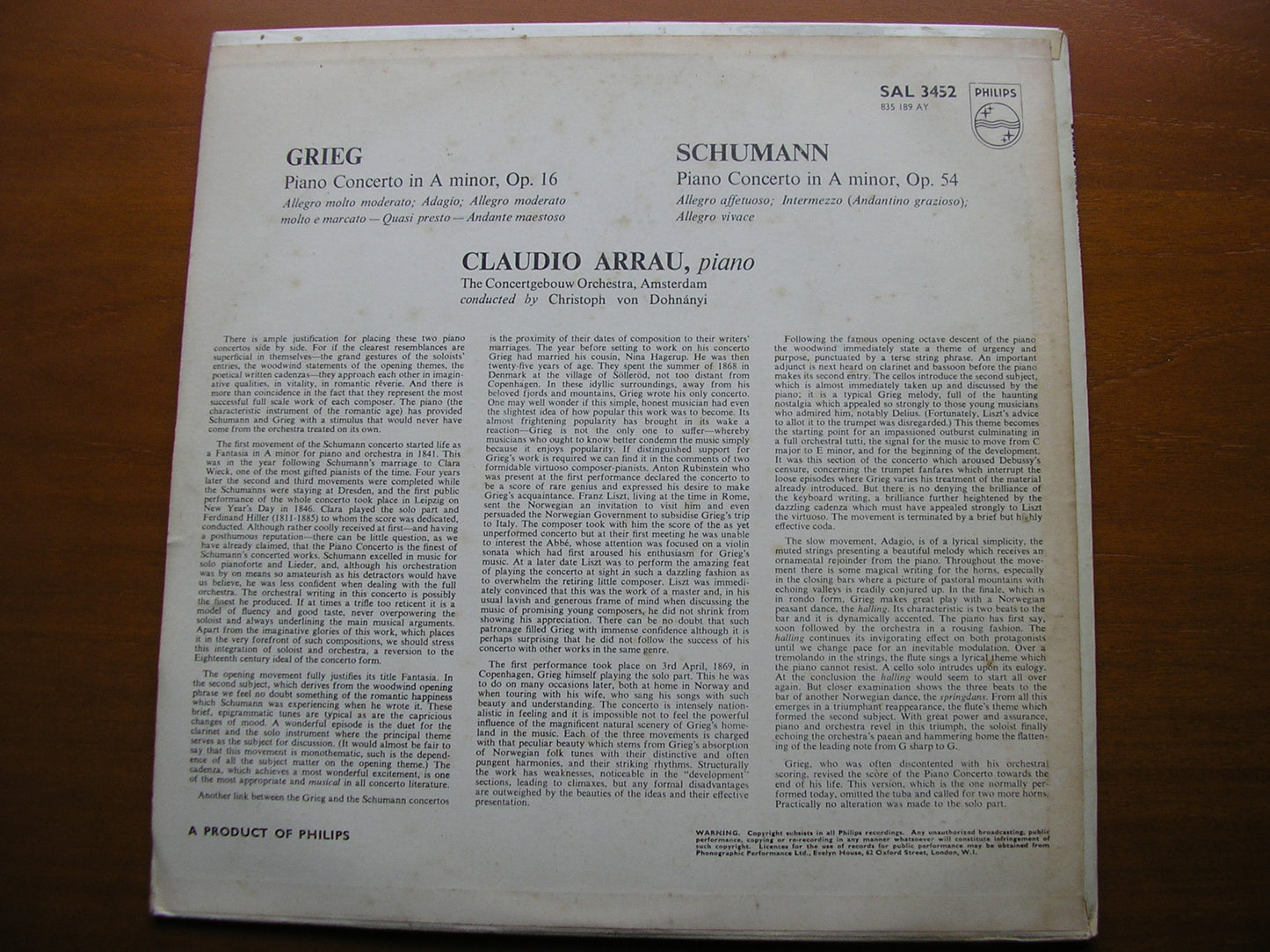 GRIEG & SCHUMANN: PIANO CONCERTOS    ARRAU / CONCERTGEBOUW ORCHESTRA / DOHNANYI     SAL 3452