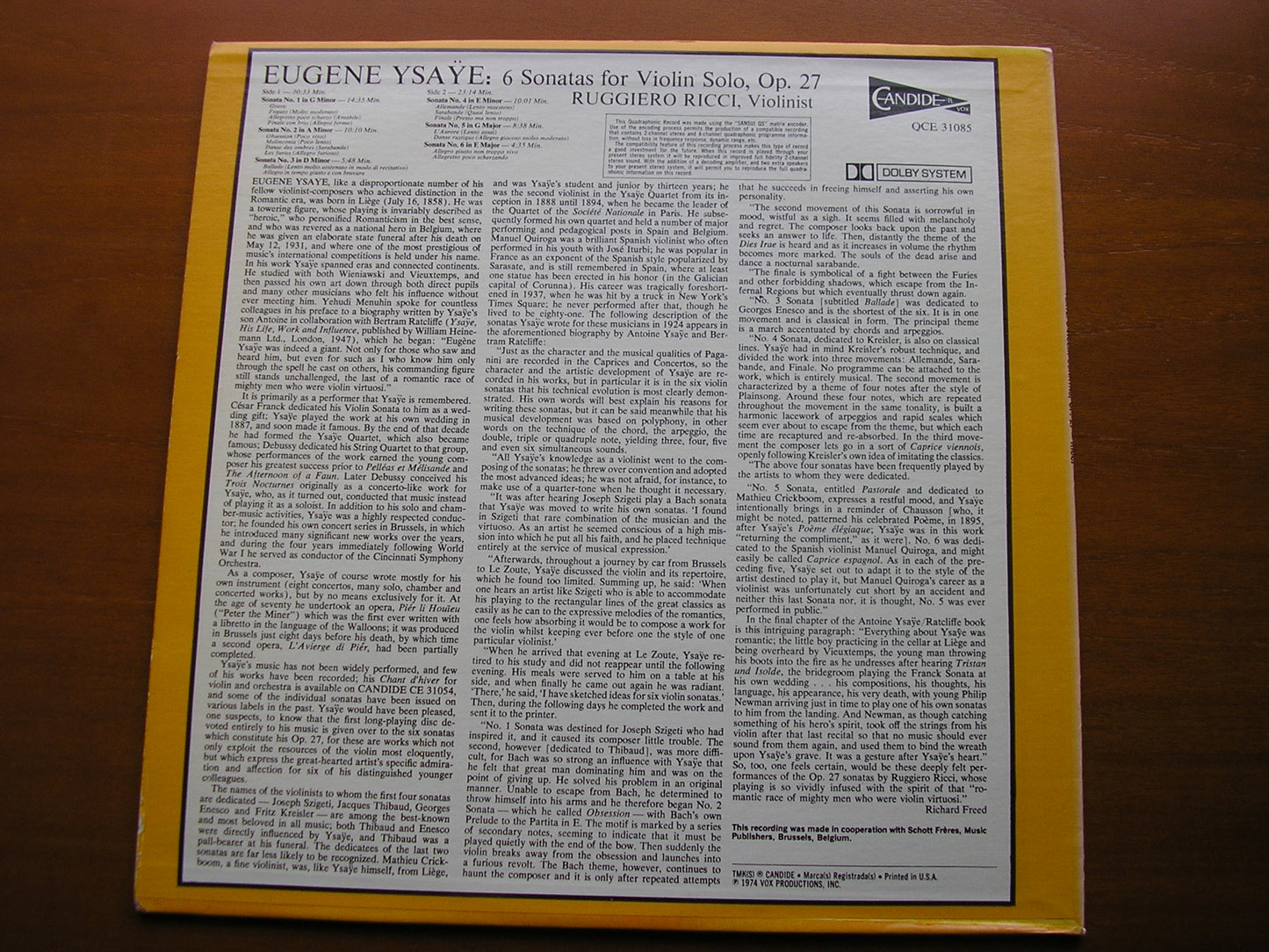 YSAYE: SIX SONATAS FOR SOLO VIOLIN RUGGIERO RICCI QCE 31085
