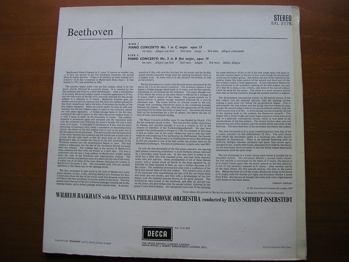 BEETHOVEN: PIANO CONCERTOS Nos. 1 & 2 BACKHAUS / VIENNA PHILHARMONIC / SCHMIDT-ISSERSTEDT SXL 2178