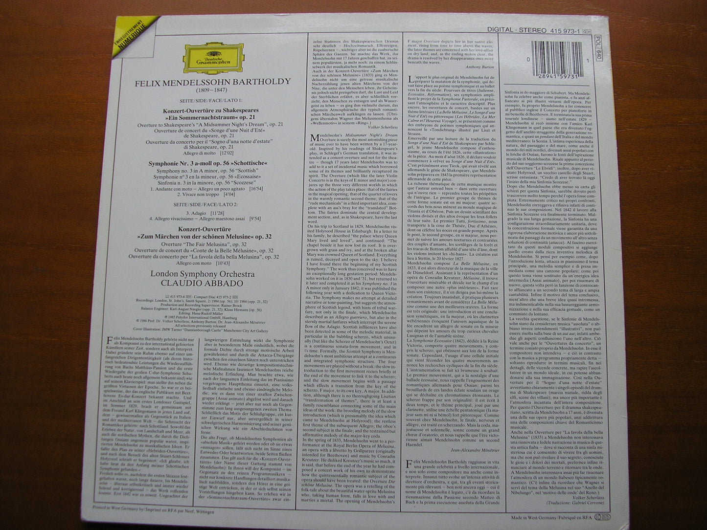 MENDELSSOHN: SYMPHONY No. 3 'Scottish' / TWO OVERTURES ABBADO / LONDON SYMPHONY 415 973