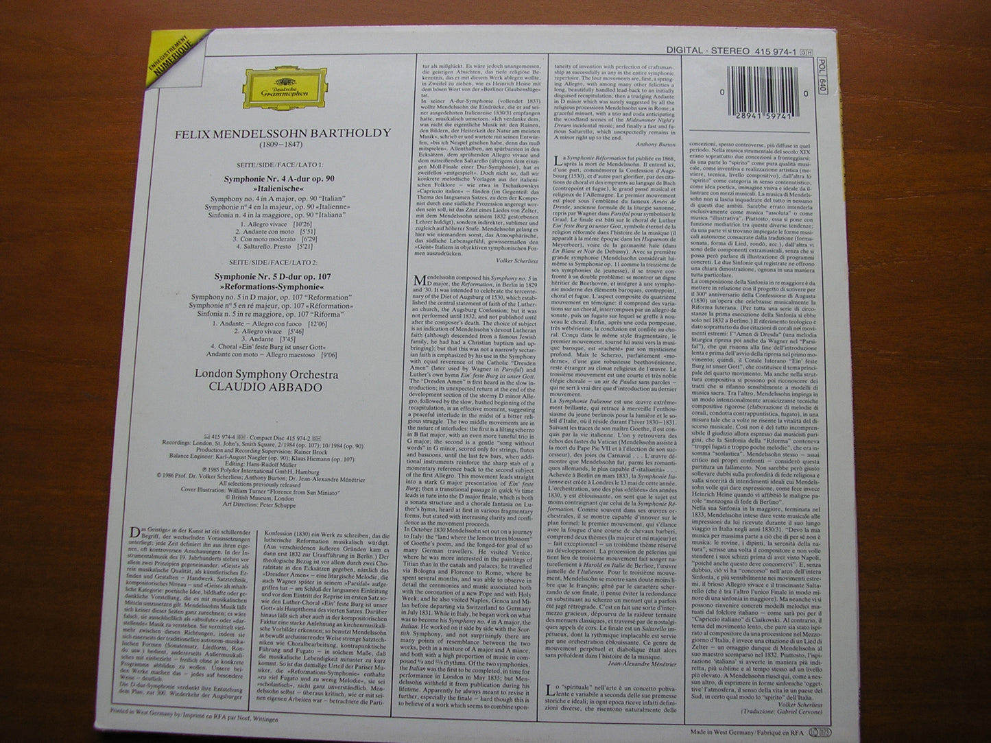MENDELSSOHN: SYMPHONIES Nos. 4 'Italian' & 5 'Reformation' ABBADO / LONDON SYMPHONY 415 974