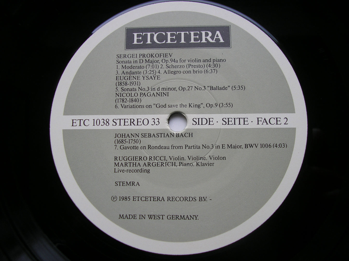 FRANCK: VIOLIN SONATA / PROKOFIEV: VIOLIN SONATA RUGGIERO RICCI / MARTHA ARGERICH ETC 1038