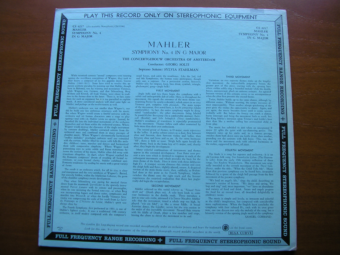MAHLER: SYMPHONY No. 4 SYLVIA STAHLMAN / CONCERTGEBOUW ORCHESTRA / SOLTI CS 6217