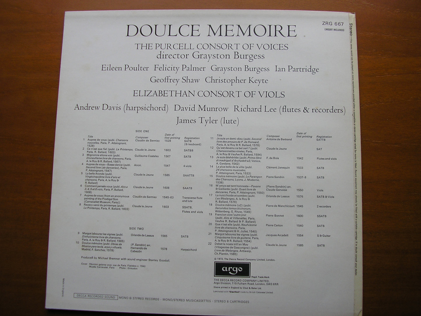 DOULCE MEMOIRE: FRENCH CHANSONS OF THE 16th CENTURY PURCELL CONSORT / GRAYSTON BURGESS ZRG 667