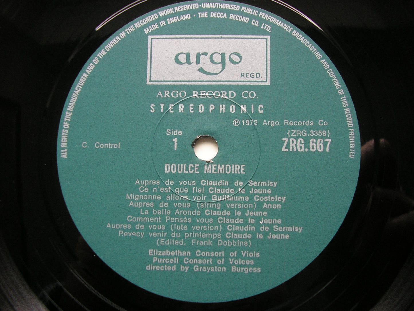 DOULCE MEMOIRE: FRENCH CHANSONS OF THE 16th CENTURY PURCELL CONSORT / GRAYSTON BURGESS ZRG 667