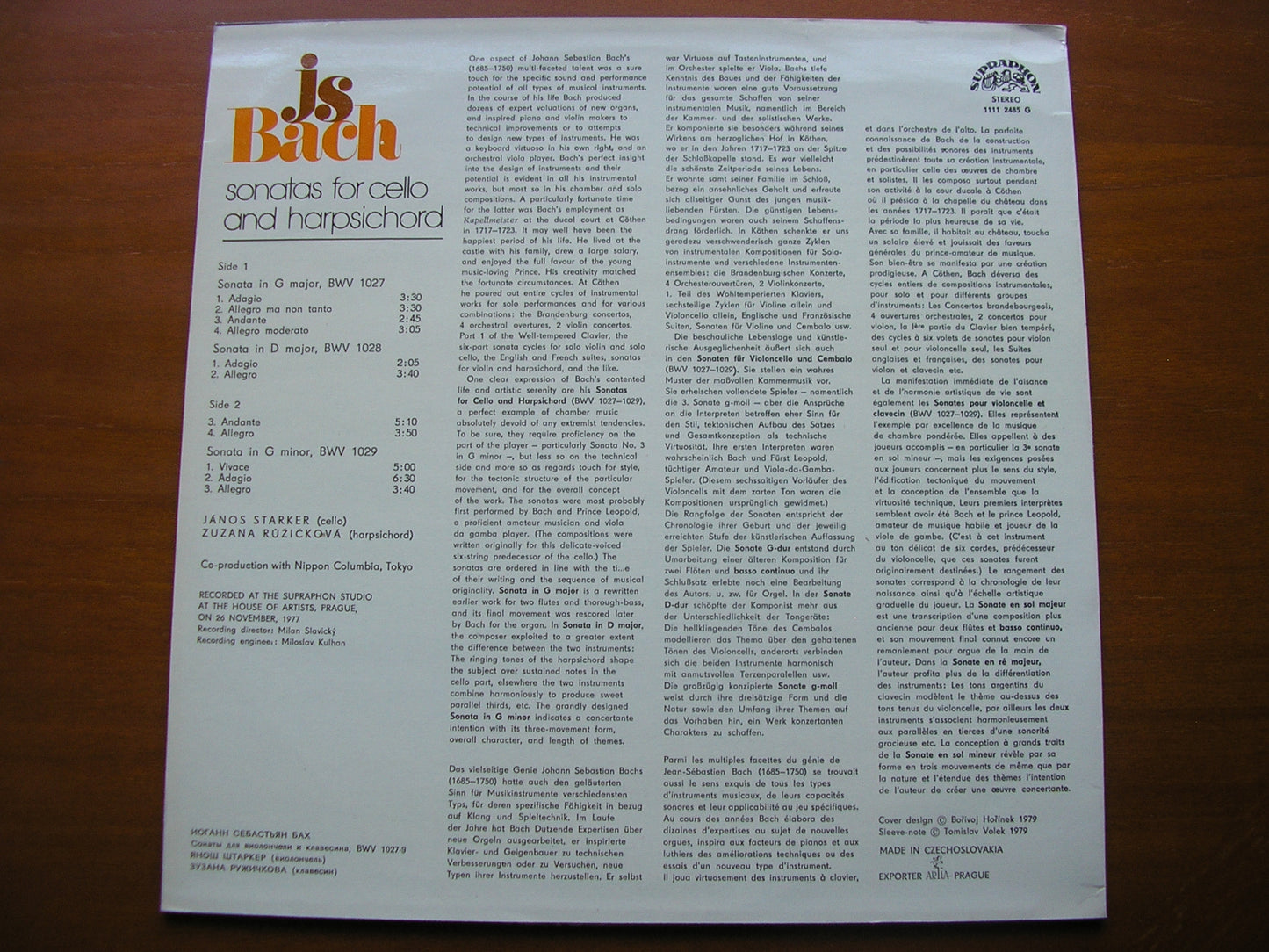 BACH: SONATAS FOR CELLO & HARPSICHORD  BWV 1027 - 1029    JANOS STARKER / ZUZANA RUZICKOVA     1111 2485