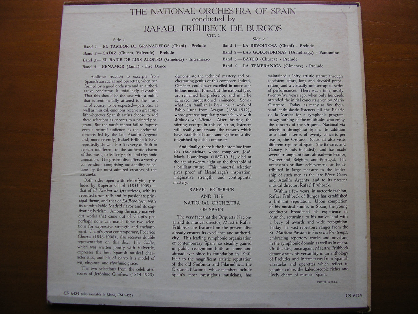 SPANISH ORCHESTRAL MUSIC from ZARZUELAS Volume 2 DE BURGOS / NATIONAL ORCHESTRA OF SPAIN CS 6425