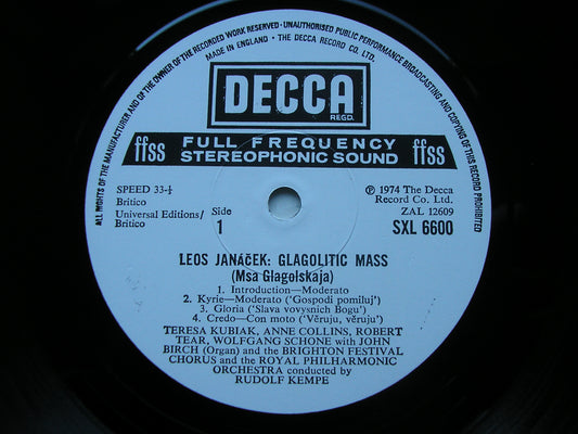 JANACEK: GLAGOLITIC MASS     SOLOISTS / ROYAL PHILHARMONIC / KEMPE    SXL 6600