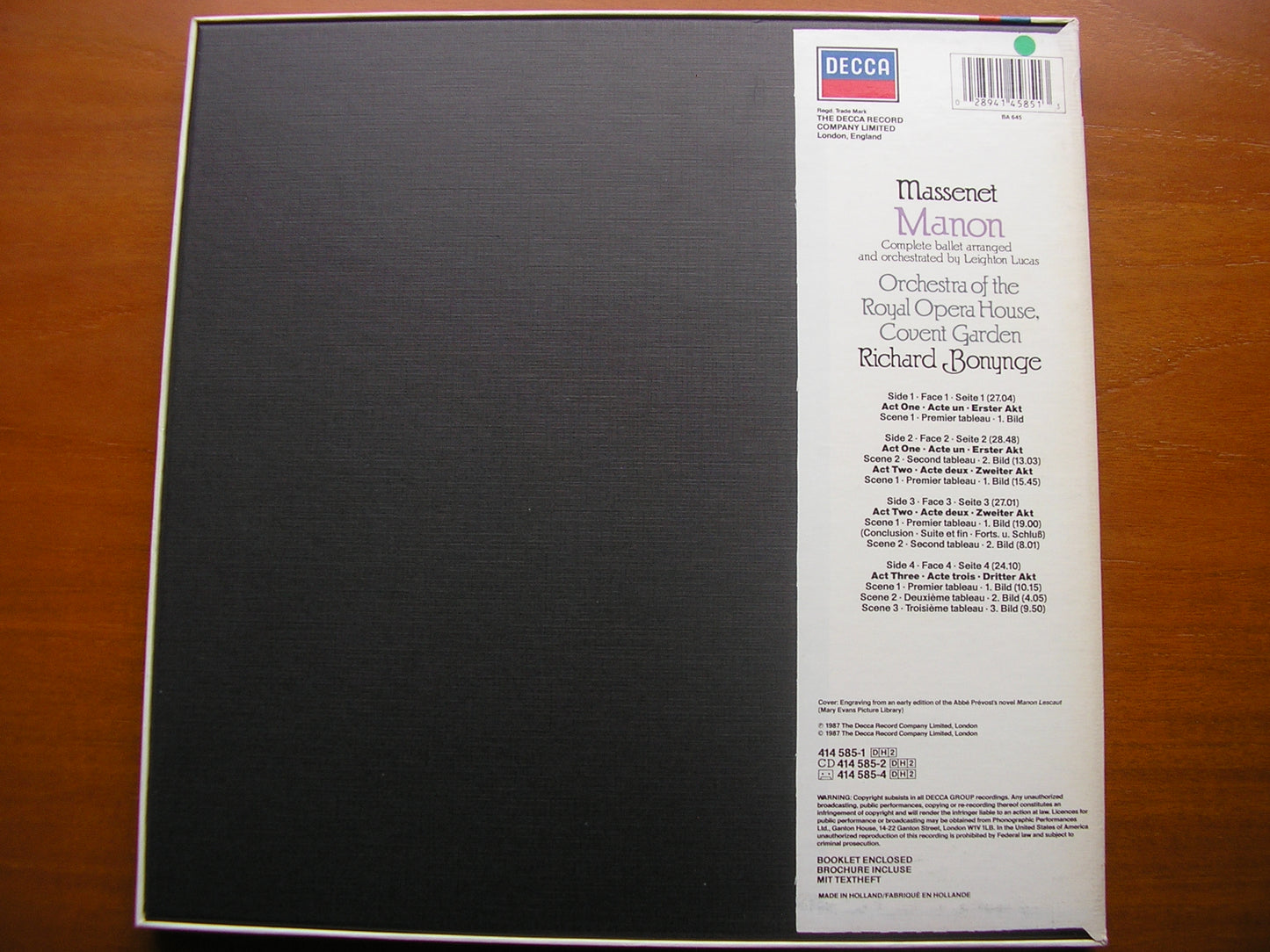 MASSENET: MANON    complete ballet      BONYNGE / ORCHESTRA OF THE ROYAL OPERA HOUSE COVENT GARDEN     2LP    414 585