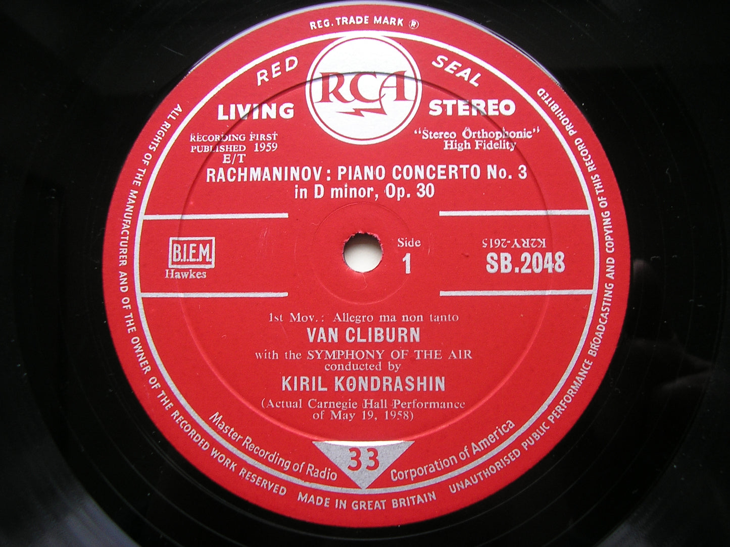 RACHMANINOV: PIANO CONCERTO No. 3     VAN CLIBURN / SYMPHONY OF THE AIR / KONDRASHIN     SB 2048