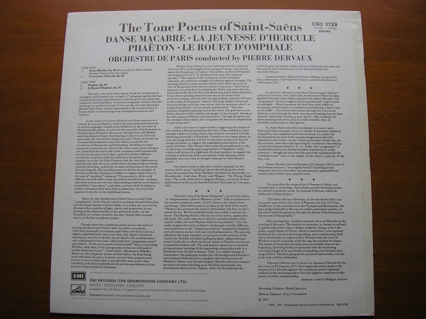 SAINT-SAENS: FOUR TONE POEMS DERVAUX / ORCHESTRE DE PARIS CSD 3729