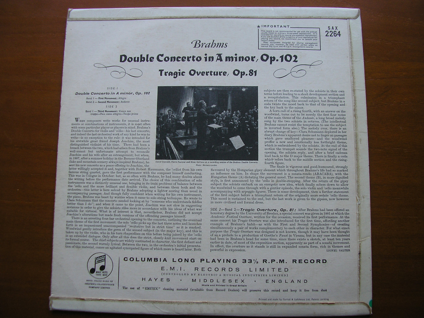 SAX 2264 BRAHMS: DOUBLE CONCERTO / TRAGIC OVERTURE OISTRAKH / FOURNIER / PHILHARMONIA / GALLIERA