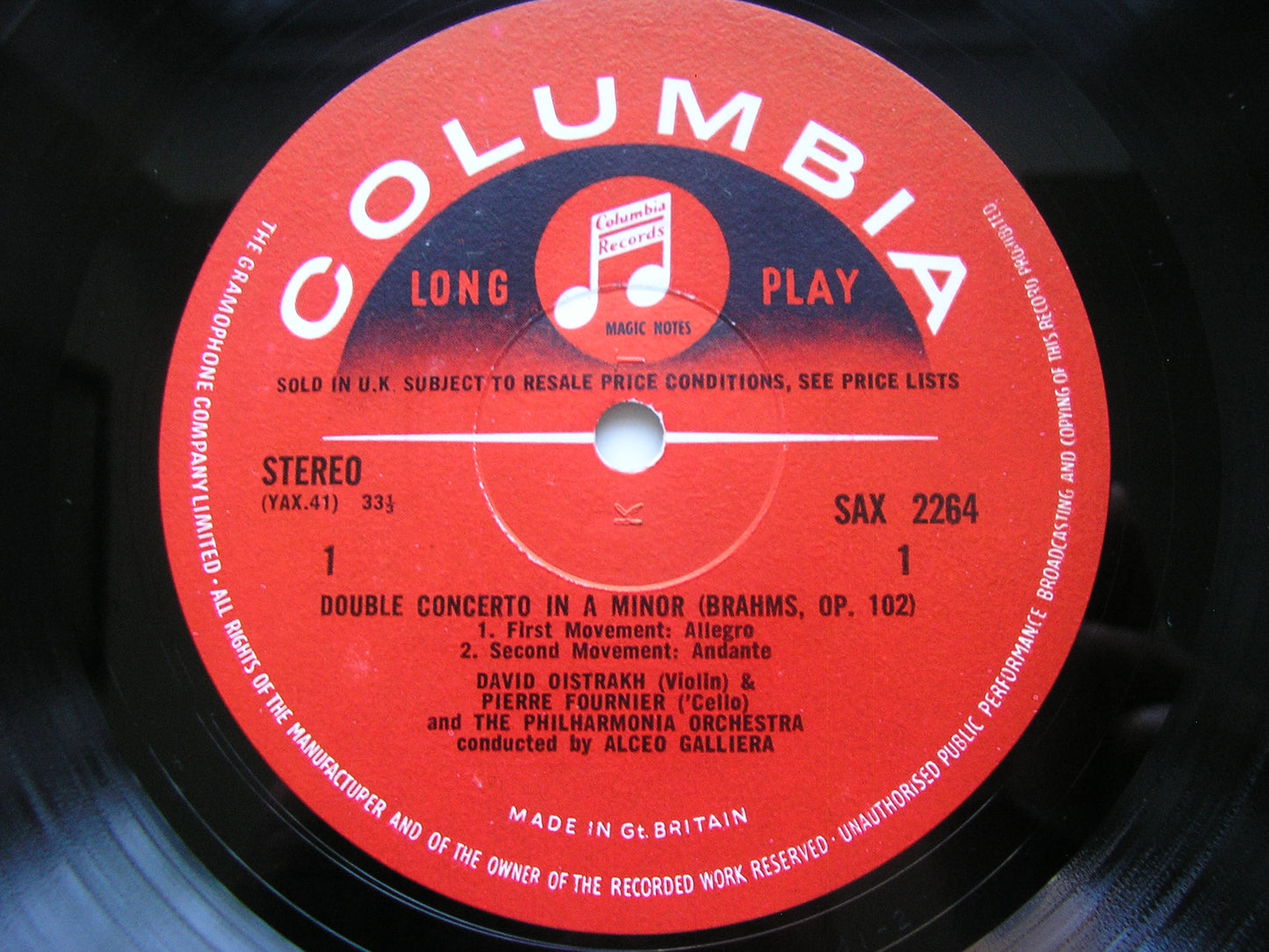 SAX 2264 BRAHMS: DOUBLE CONCERTO / TRAGIC OVERTURE OISTRAKH / FOURNIER / PHILHARMONIA / GALLIERA