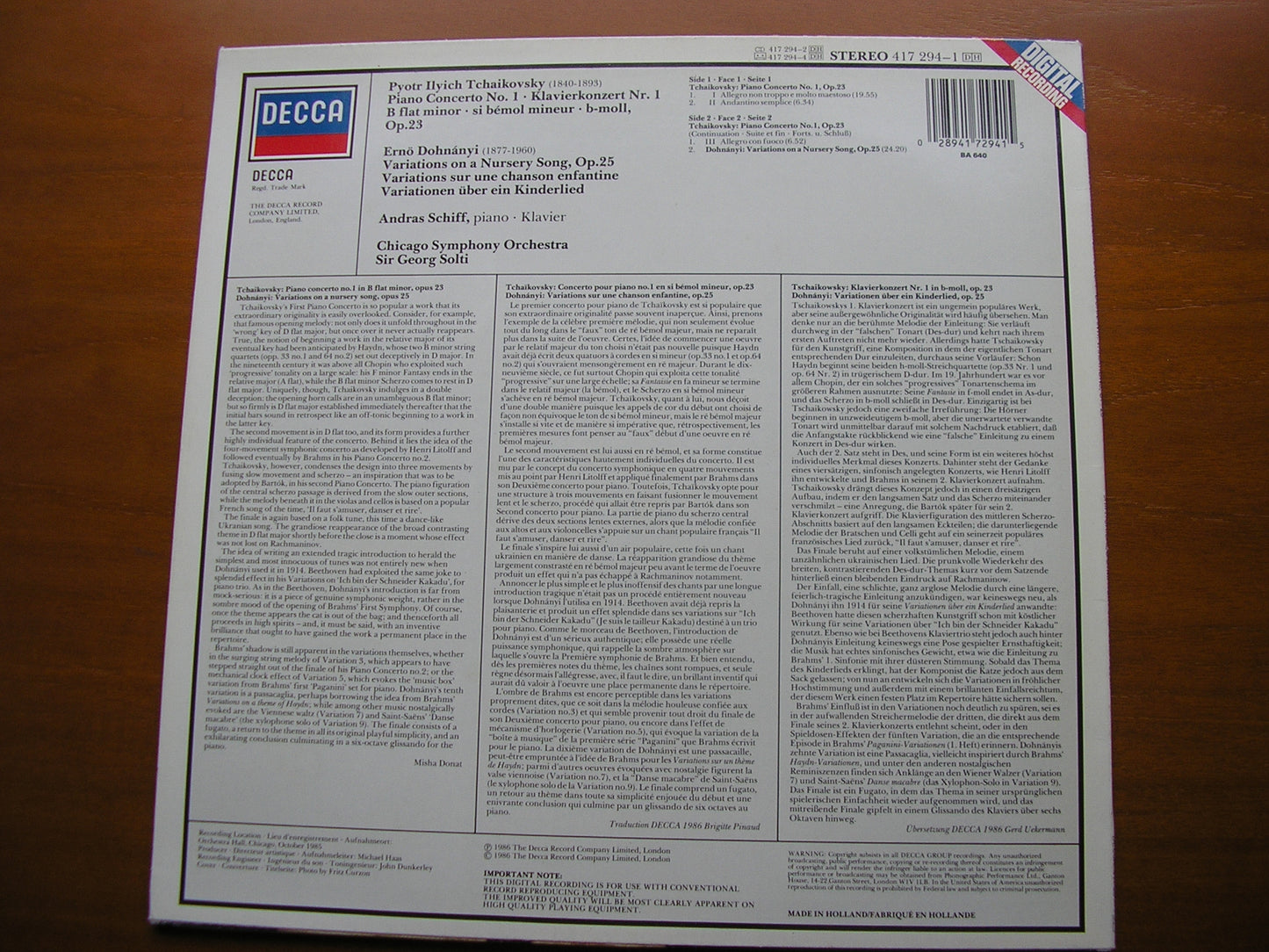 TCHAIKOVSKY: PIANO CONCERTO No. 1 / DOHNANYI: VARIATIONS SCHIFF / CHICAGO SYMPHONY / SOLTI 417 294