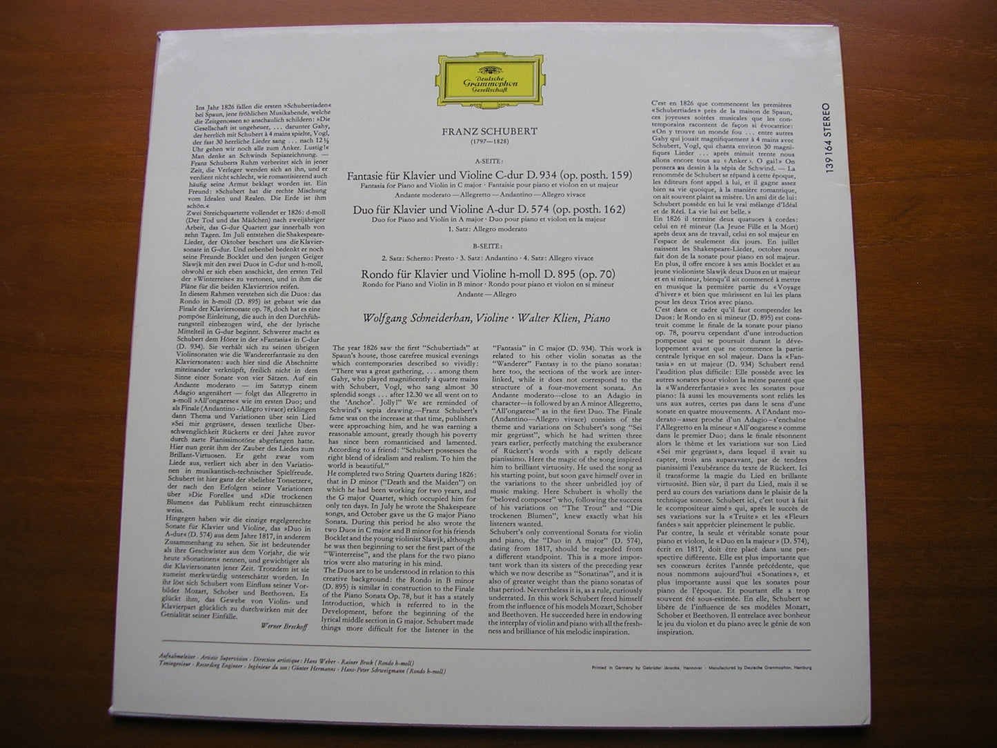 SCHUBERT: FANTASIE in C D934 / DUO in A D574 / RONDO in B D895 SCHNEIDERHAN / KLEIN 139 164