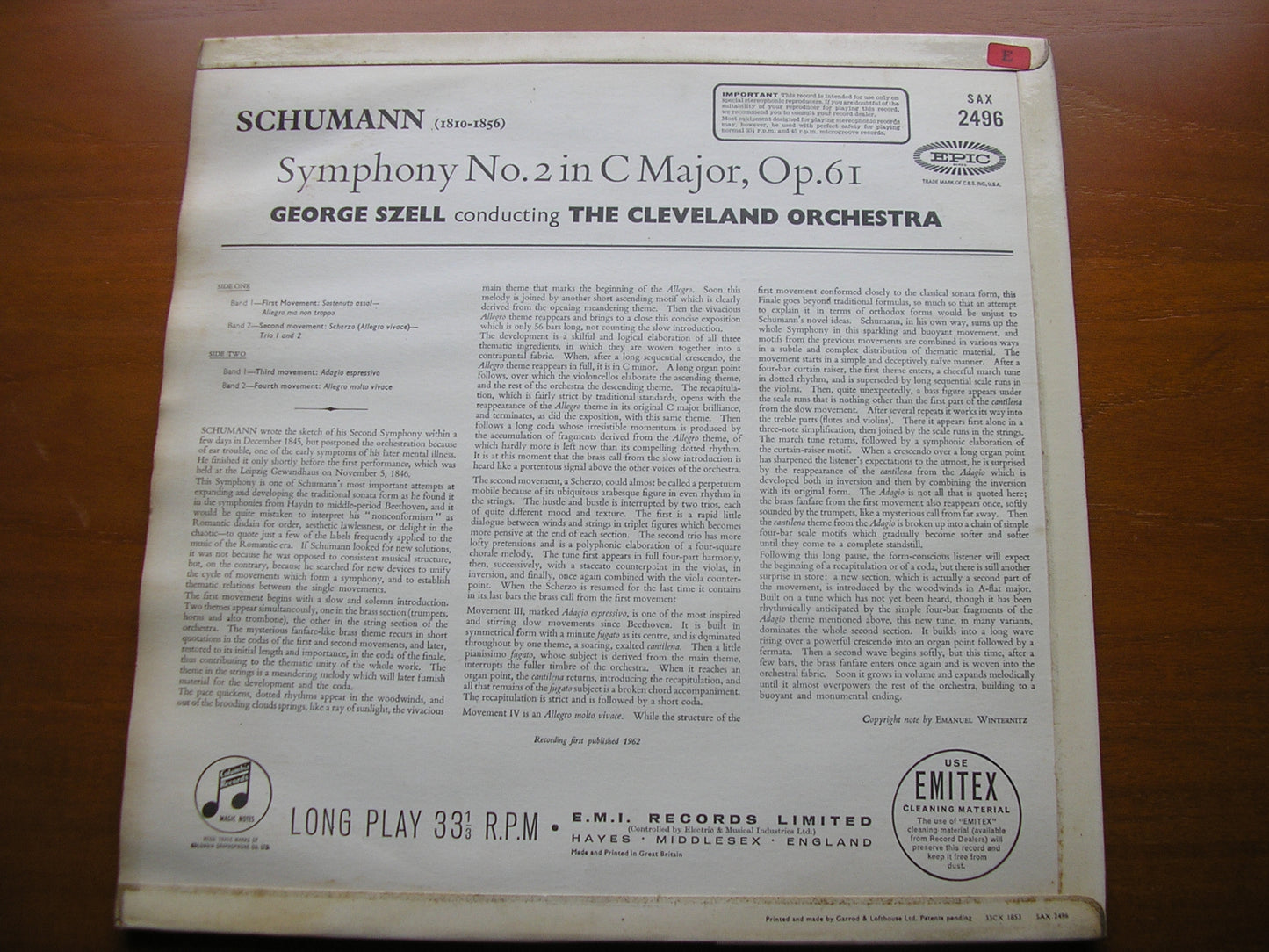 SCHUMANN: SYMPHONY No. 2    SZELL / CLEVELAND ORCHESTRA    SAX 2496