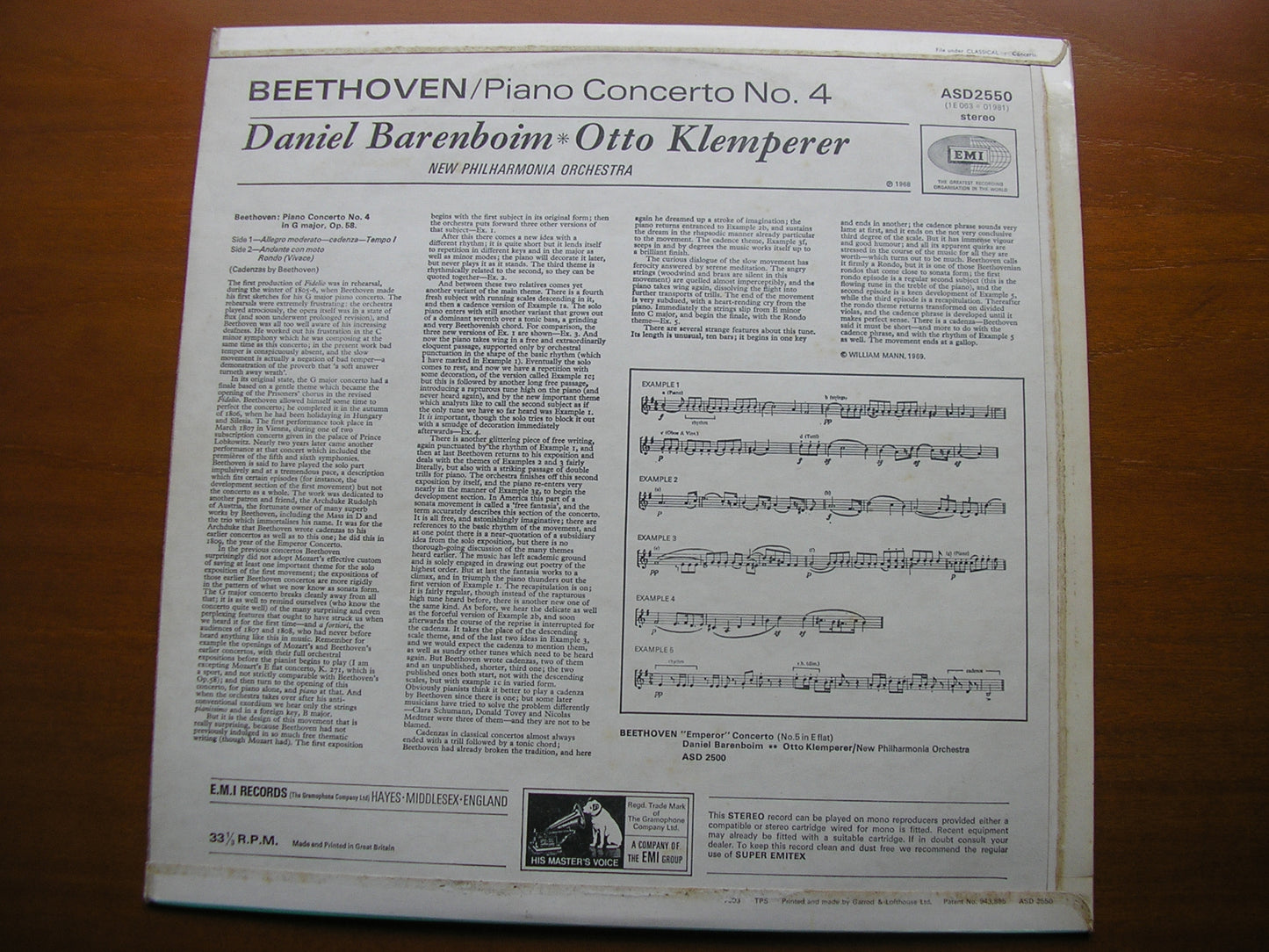 BEETHOVEN: PIANO CONCERTO No. 4 BARENBOIM / NEW PHILHARMONIA / OTTO KLEMPERER ASD 2550