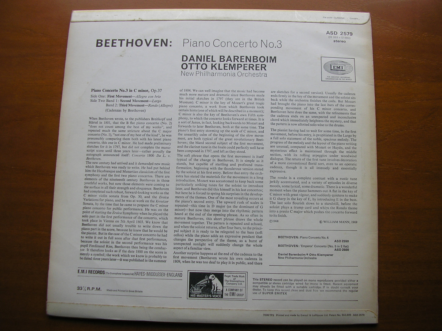 BEETHOVEN: PIANO CONCERTO No. 3 BARENBOIM / NEW PHILHARMONIA / OTTO KLEMPERER ASD 2579