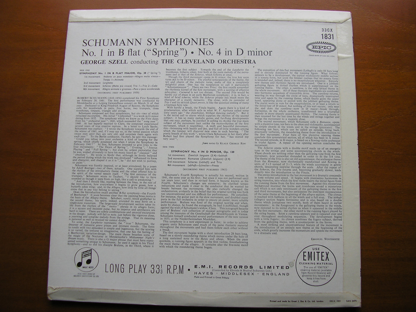 SCHUMANN: SYMPHONIES Nos. 1 & 4 SZELL / CLEVELAND ORCHESTRA 33CX 1831