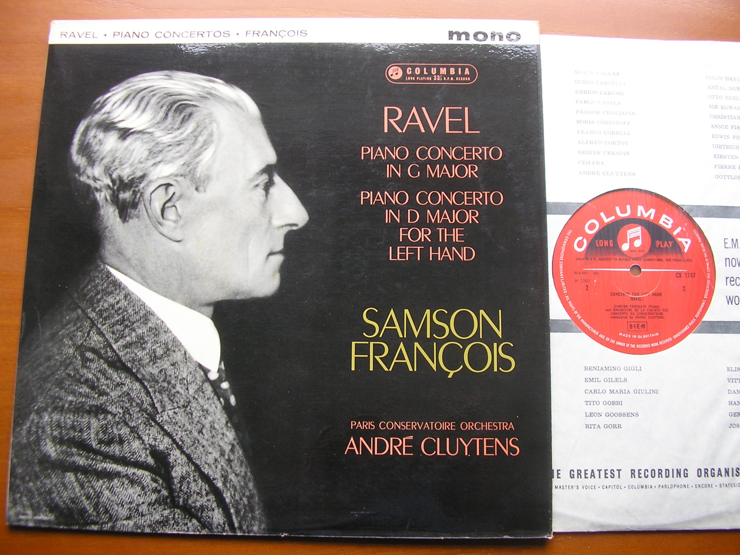 RAVEL: PIANO CONCERTOS in G & D FOR THE LEFT HAND FRANCOIS / PARIS CONSERVATOIRE / ANDRE CLUYTENS 33CX 1747