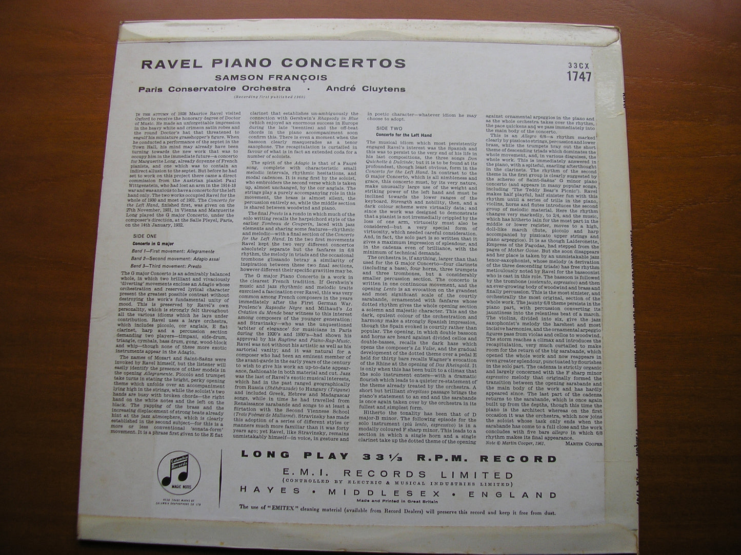 RAVEL: PIANO CONCERTOS in G & D FOR THE LEFT HAND FRANCOIS / PARIS CONSERVATOIRE / ANDRE CLUYTENS 33CX 1747