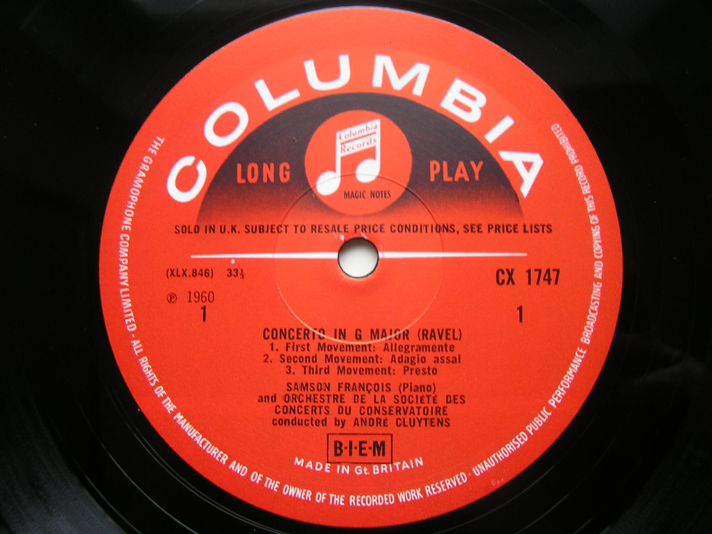 RAVEL: PIANO CONCERTOS in G & D FOR THE LEFT HAND FRANCOIS / PARIS CONSERVATOIRE / ANDRE CLUYTENS 33CX 1747