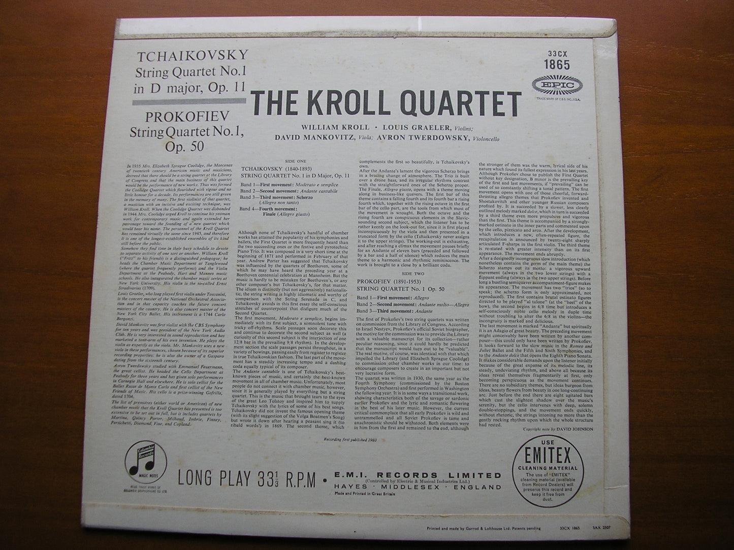 TCHAIKOVSKY: STRING QUARTET / PROKOFIEV: STRING QUARTET THE KROLL QUARTET 33CX 1865
