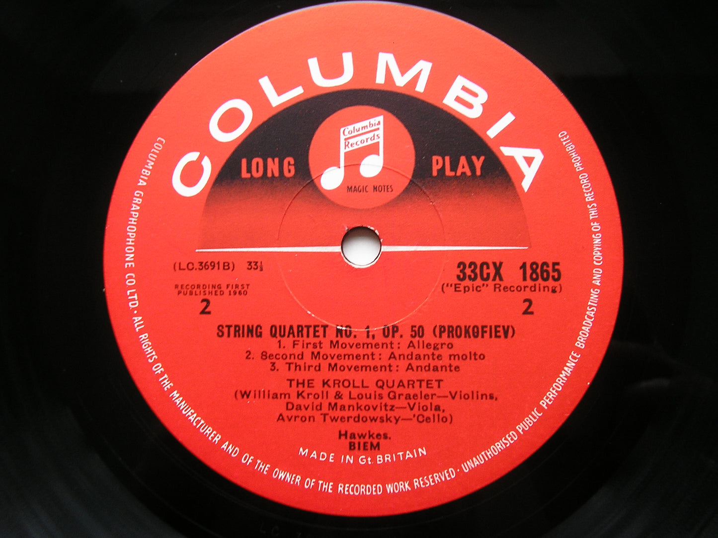 TCHAIKOVSKY: STRING QUARTET / PROKOFIEV: STRING QUARTET THE KROLL QUARTET 33CX 1865