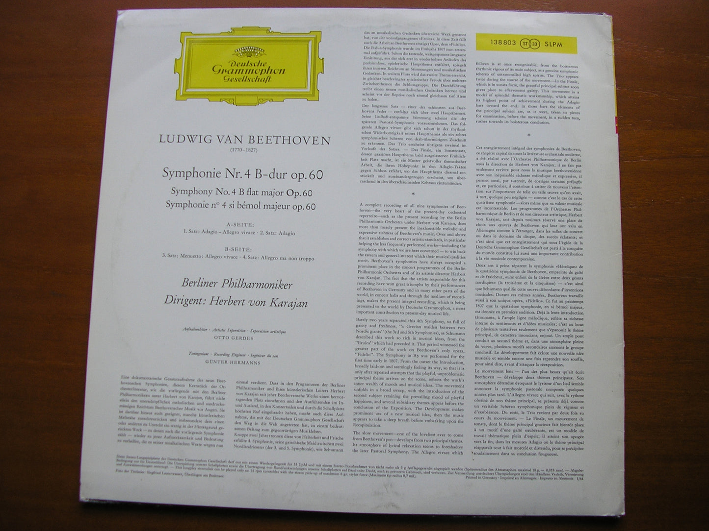BEETHOVEN: SYMPHONY No. 4     KARAJAN / BERLIN PHILHARMONIC    138 803