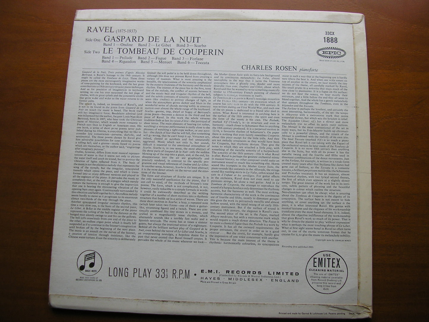 RAVEL: GASPARD DE LA NUIT / TOMBEAU DE COUPERIN CHARLES ROSEN 33CX 1888