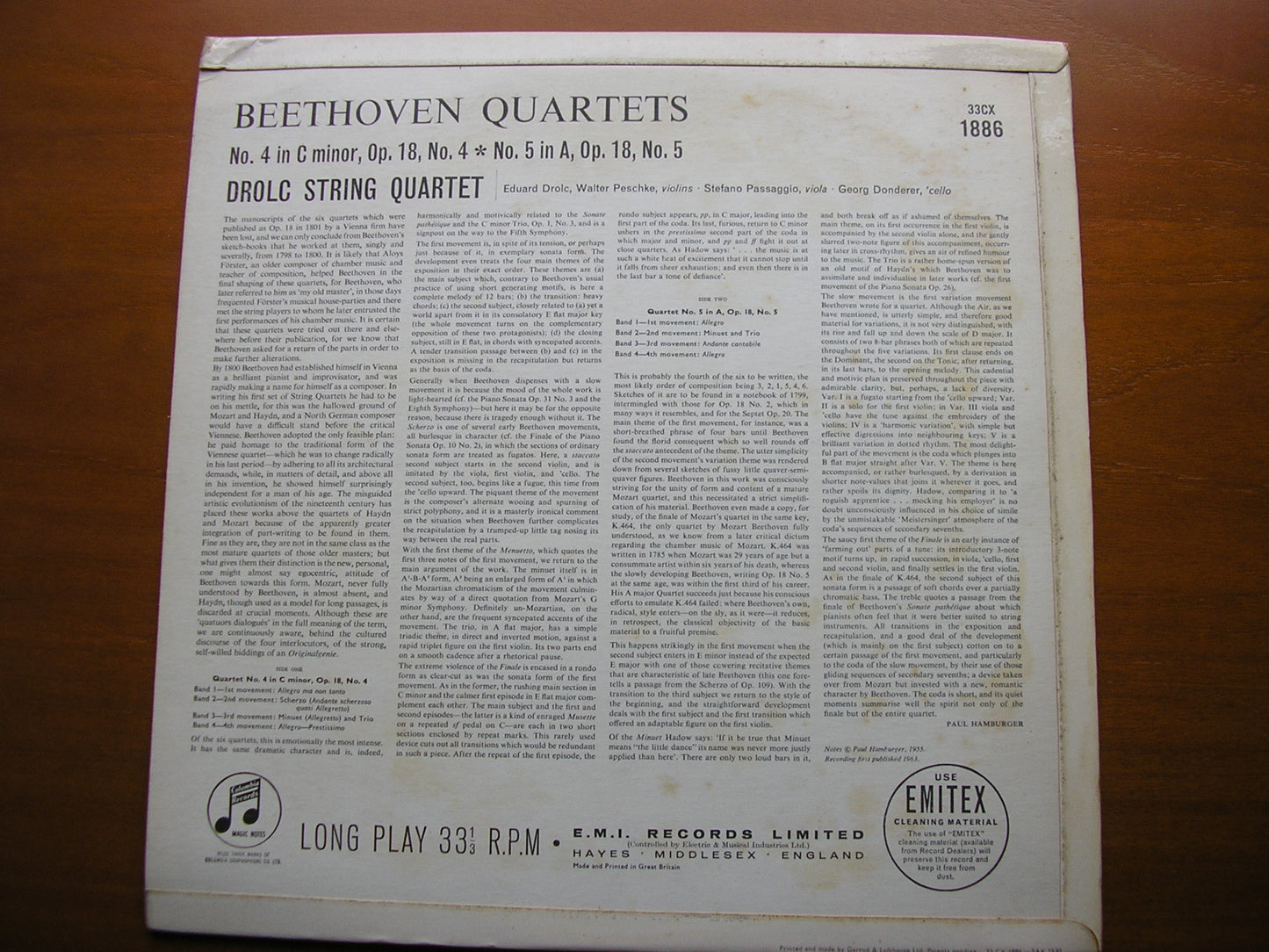 BEETHOVEN: STRING QUARTETS Nos. 4 & 5      DROLC STRING QUARTET     33CX 1886