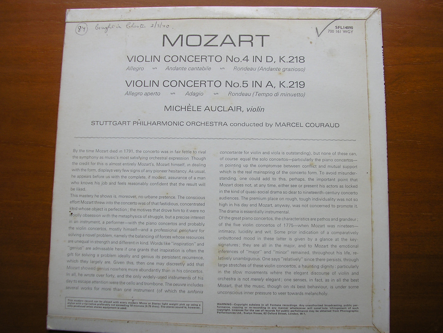 MOZART: VIOLIN CONCERTOS Nos. 4 & 5      AUCLAIR / STUTTGART PHILHARMONIC ORCHESTRA / COURAUD     SFL 14090