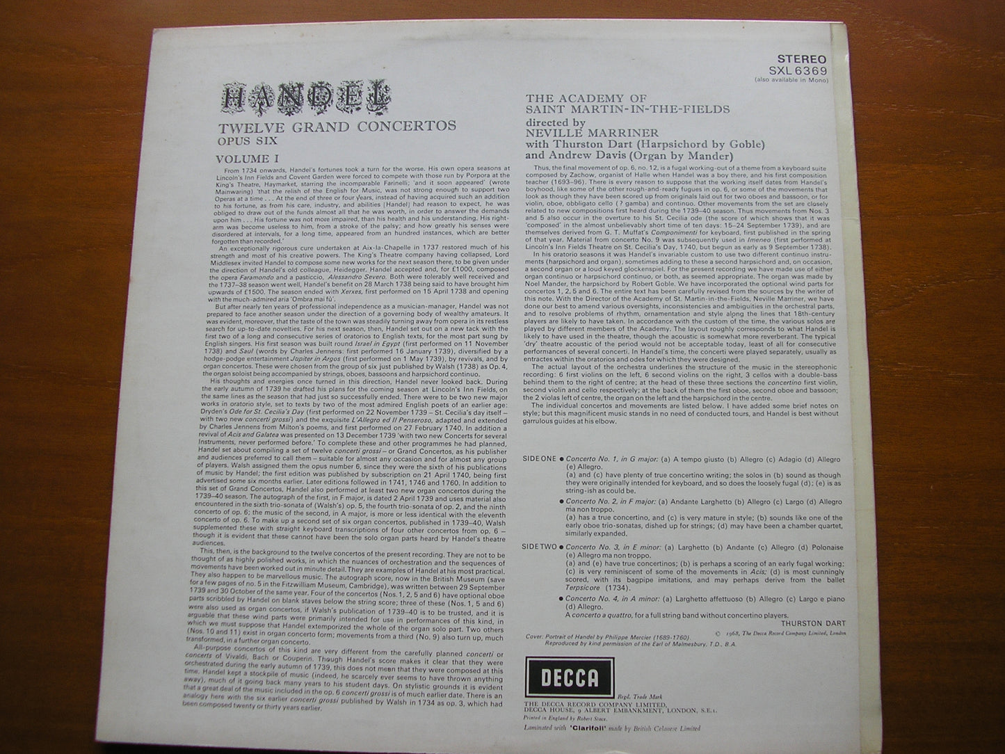 HANDEL: CONCERTI GROSSI Op. 6 Nos. 1 - 4 MARRINER / ACADEMY OF SAINT MARTIN IN THE FIELDS SXL 6369