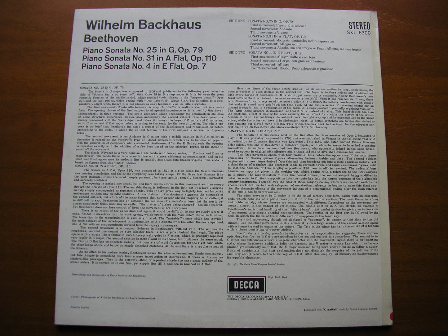 BEETHOVEN: PIANO SONATAS Nos. 4 / 25 / 31 BACKHAUS SXL 6300