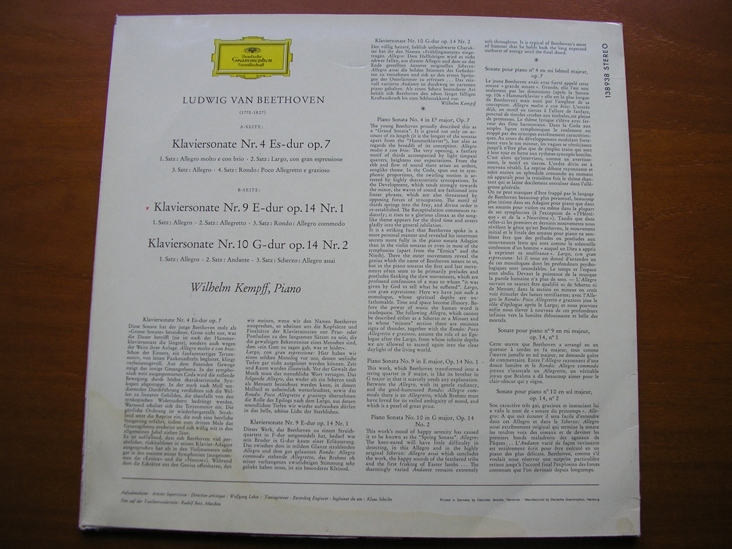 BEETHOVEN: PIANO SONATAS Nos. 4 / 9 / 10      KEMPFF      138 938