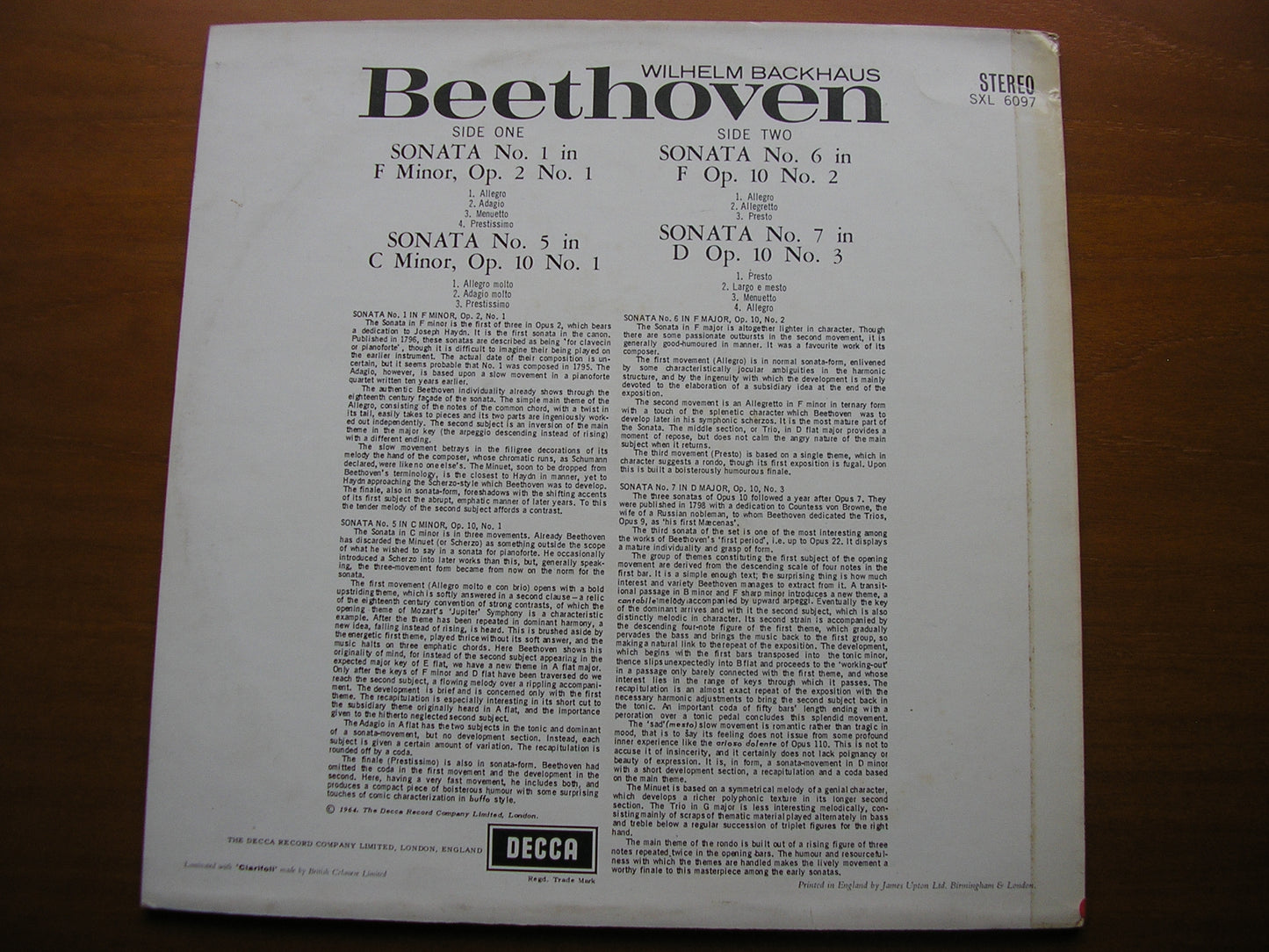 BEETHOVEN: PIANO SONATAS Nos. 1 / 5 / 6 / 7 BACKHAUS SXL 6097