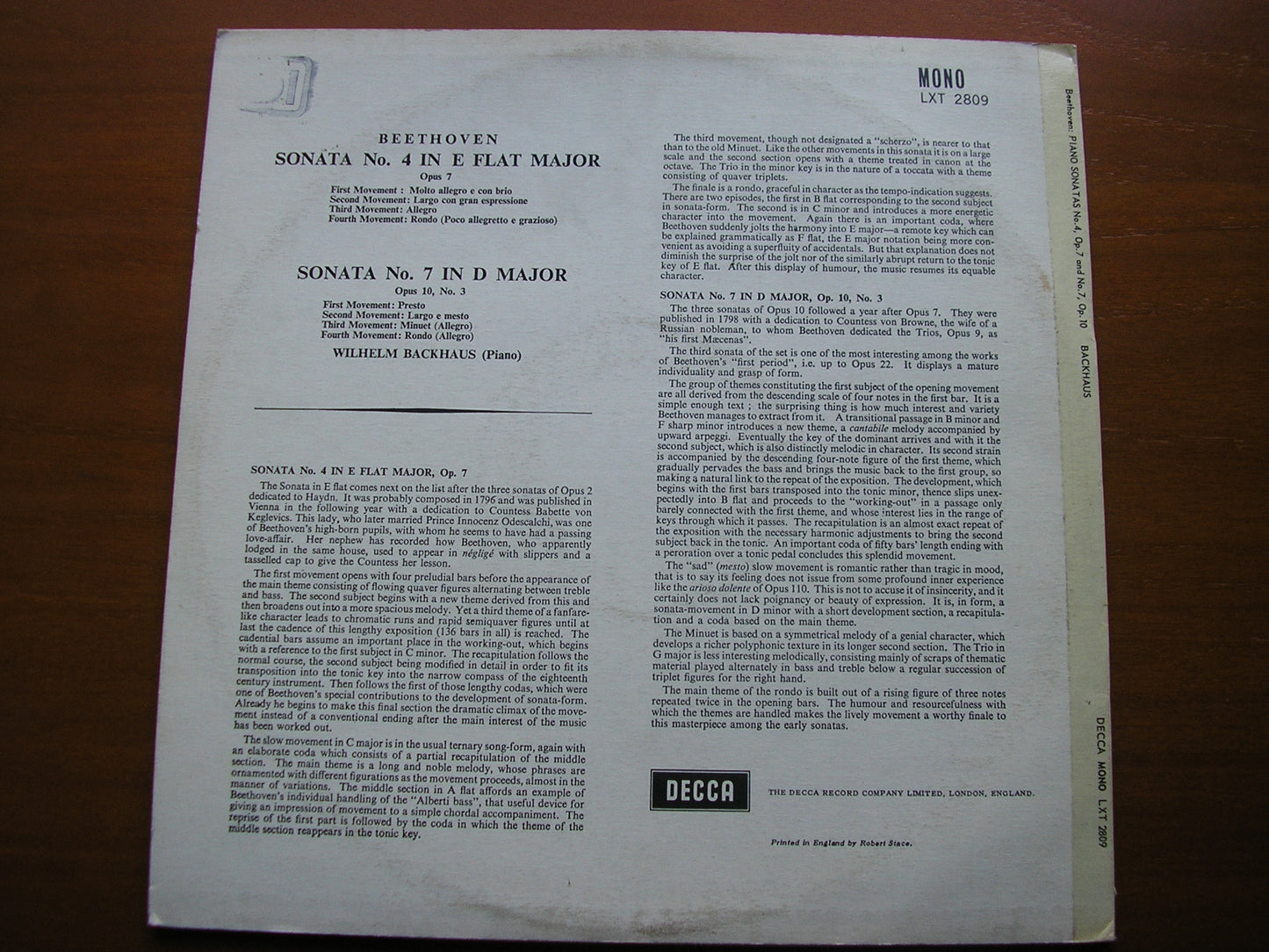 BEETHOVEN: PIANO SONATAS Nos. 4 & 7 BACKHAUS LXT 2809