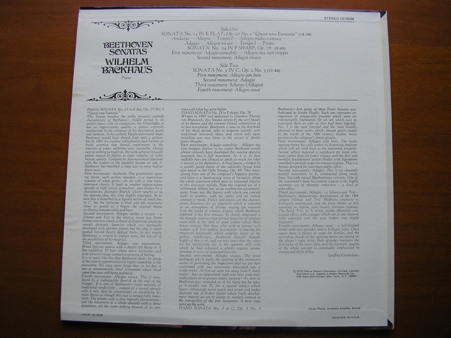 BEETHOVEN: PIANO SONATAS Nos. 3 / 13 / 24 BACKHAUS CS 6638