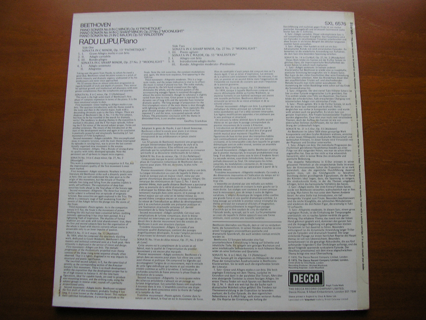 BEETHOVEN: PIANO SONATAS Nos. 8 'Pathetique' / 14 'Moonlight' / 21 'Waldstein' LUPU SXL 6576