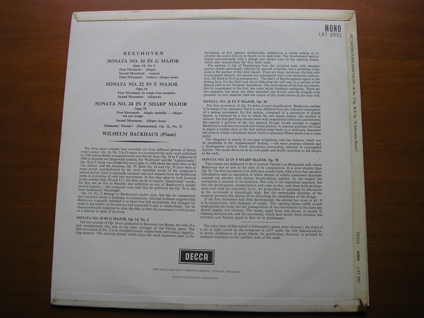 BEETHOVEN: PIANO SONATAS Nos. 10 / 22 / 24 BACKHAUS LXT 2931