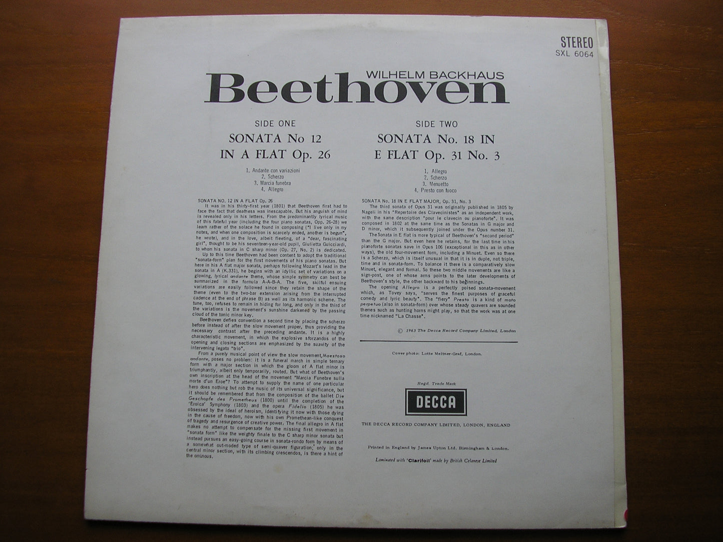 BEETHOVEN: PIANO SONATAS Nos. 12 & 18 BACKHAUS SXL 6064