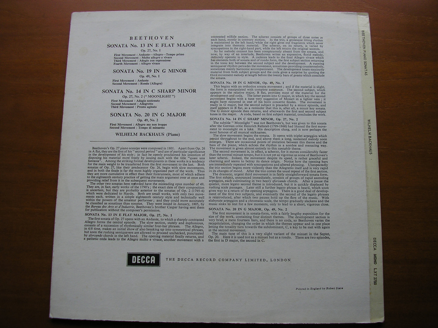 BEETHOVEN: PIANO SONATAS Nos. 13 / 14 'Moonlight' / 19 / 20 BACKHAUS LXT 2780