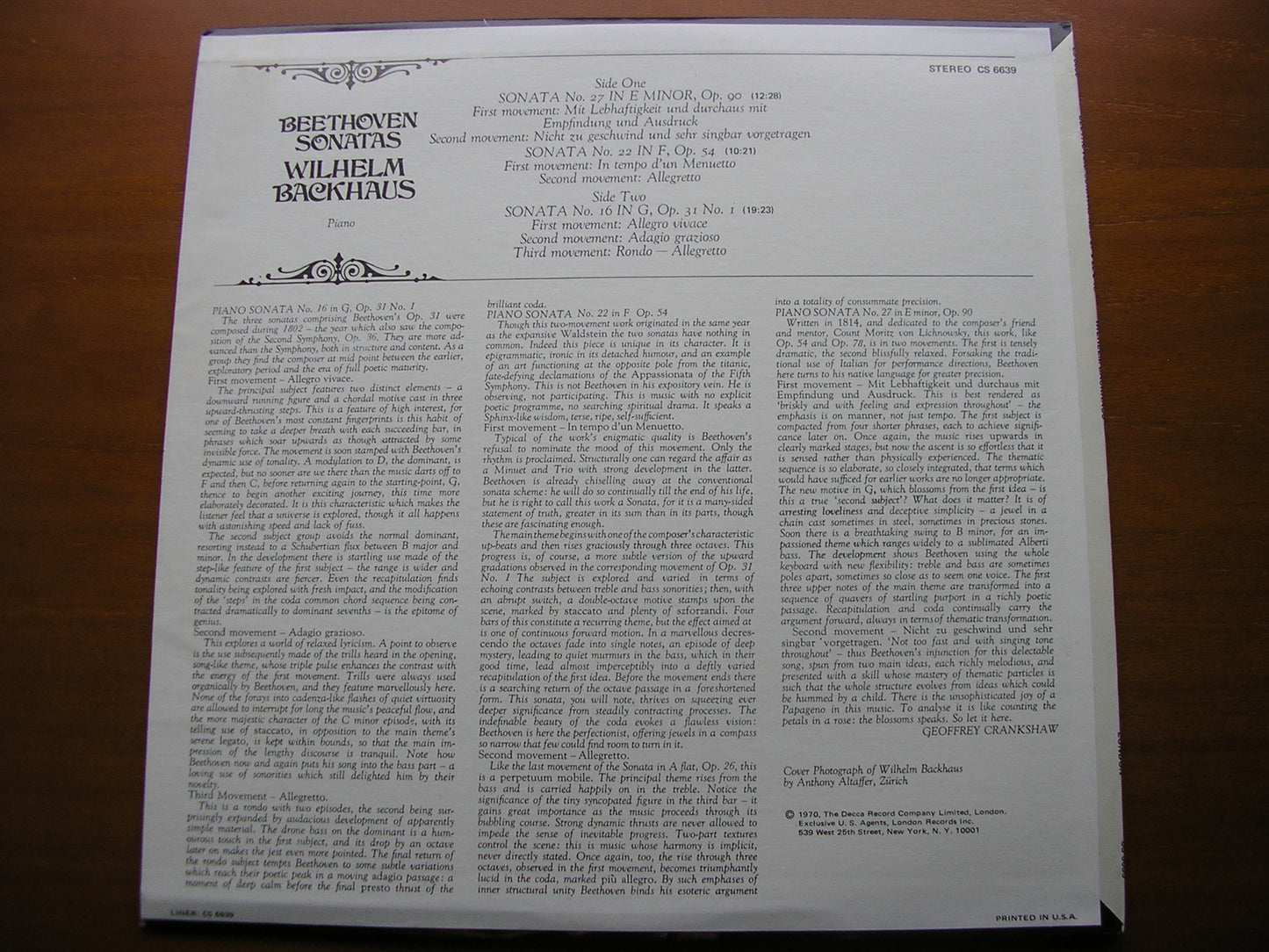 BEETHOVEN: PIANO SONATAS Nos. 16 / 22 / 27 BACKHAUS CS 6639