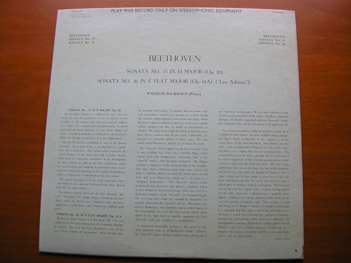 BEETHOVEN: PIANO SONATAS Nos. 15 & 26 'Les Adieux' BACKHAUS CS 6247