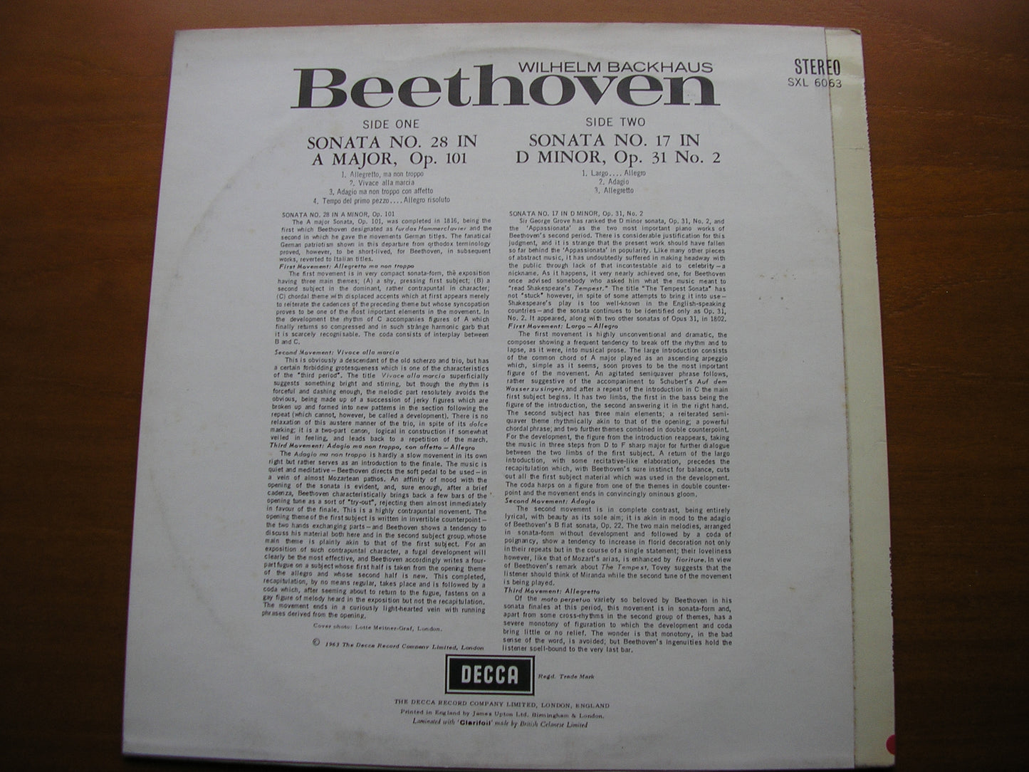 BEETHOVEN: PIANO SONATAS No. 17 'Tempest' / No. 28 WILHELM BACKHAUS SXL 6063